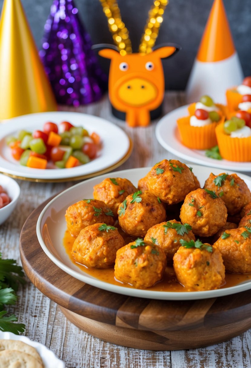 Buffalo Chicken Meatballs sizzling on a platter, surrounded by party decorations and appetizer plates