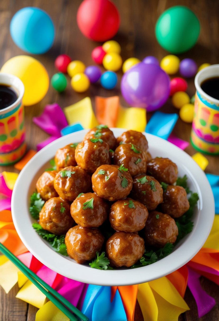 A platter of sweet and sour meatballs surrounded by colorful party decorations