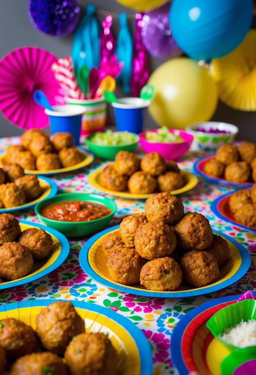 A festive table spread with taco meatballs, surrounded by colorful party decorations and serving utensils