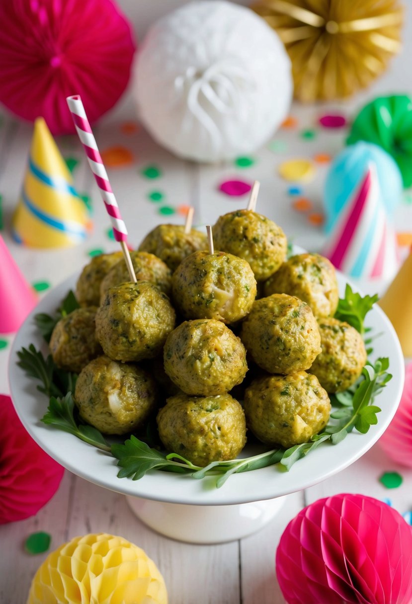 A platter of pesto chicken meatballs surrounded by party decorations