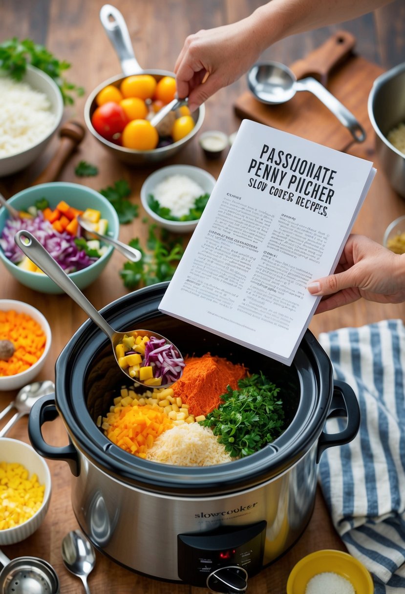 A collection of colorful ingredients being placed into a slow cooker, surrounded by various kitchen utensils and a recipe book open to a page titled "passionate penny pincher slow cooker recipes."