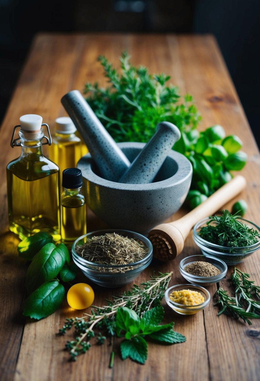 A collection of fresh herbs, oils, and natural ingredients arranged on a wooden table, with a mortar and pestle for mixing