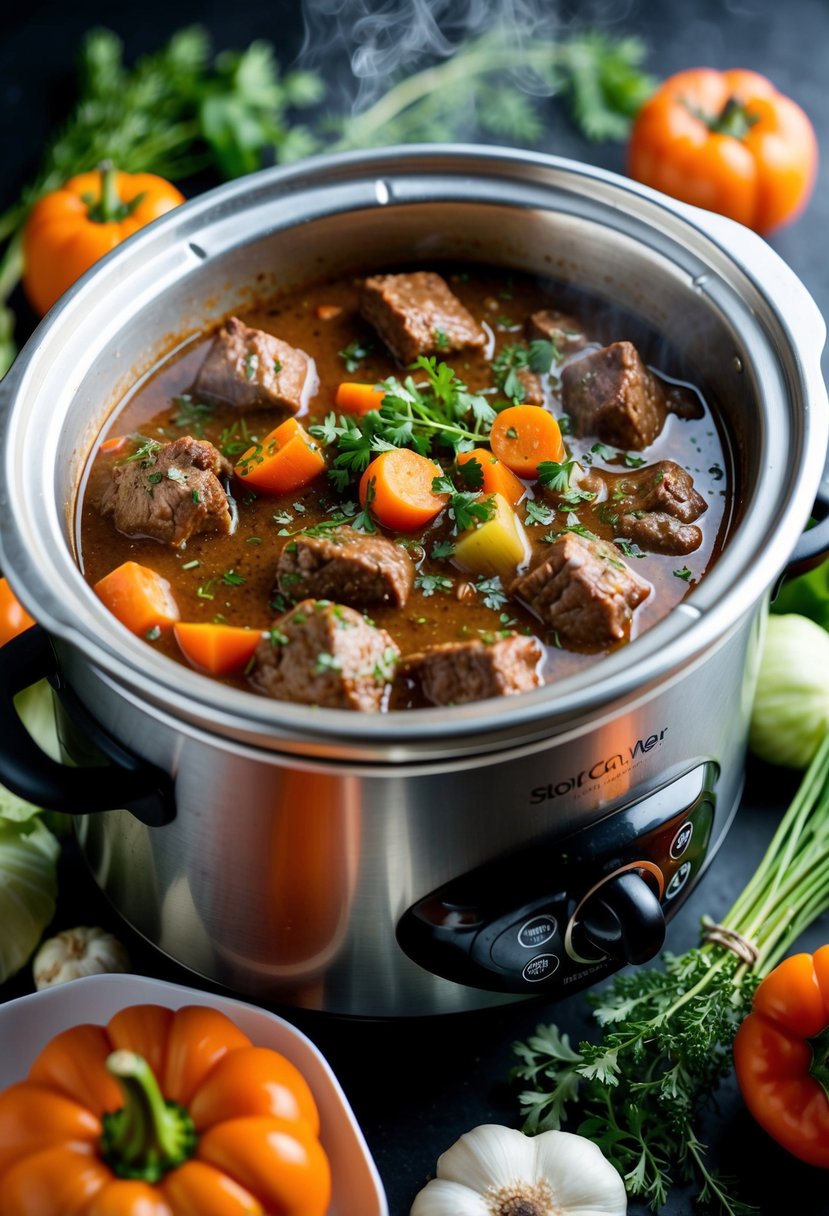 A steaming pot of hearty beef stew simmering in a slow cooker, surrounded by fresh vegetables and aromatic herbs