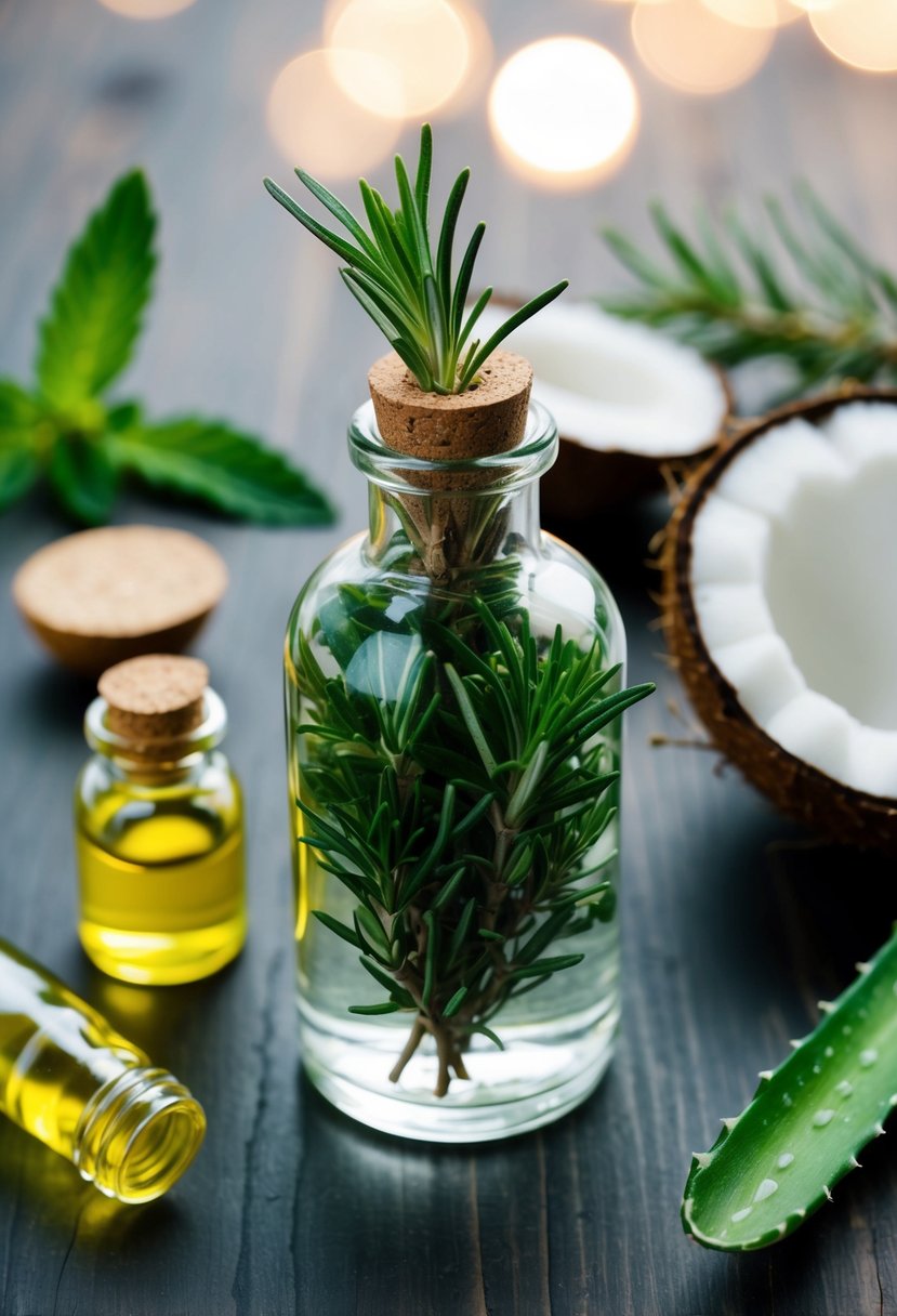 A glass bottle filled with fresh rosemary and peppermint leaves, surrounded by other natural ingredients like coconut oil and aloe vera