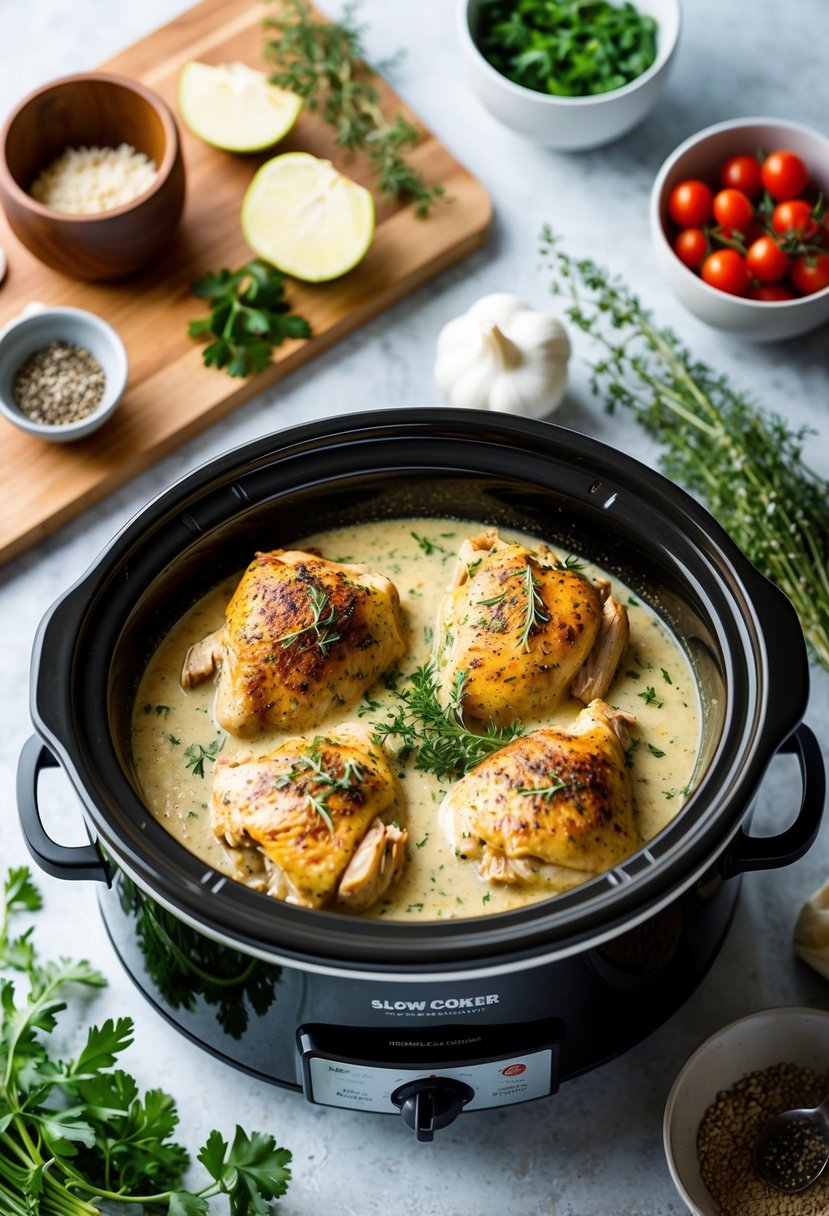 A slow cooker filled with creamy Tuscan chicken surrounded by fresh herbs and vegetables