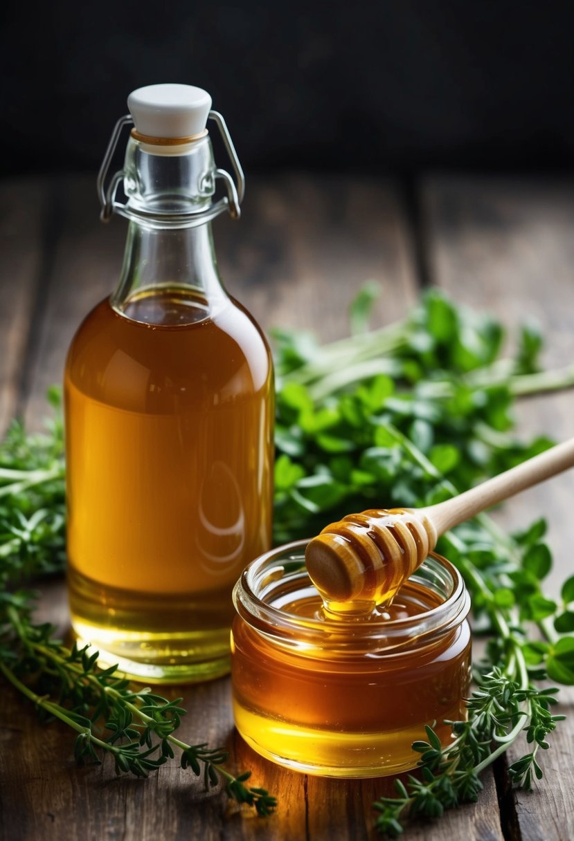 A clear glass bottle filled with golden liquid sits next to a small jar of thick, amber-colored honey. Both are surrounded by sprigs of fresh, green herbs