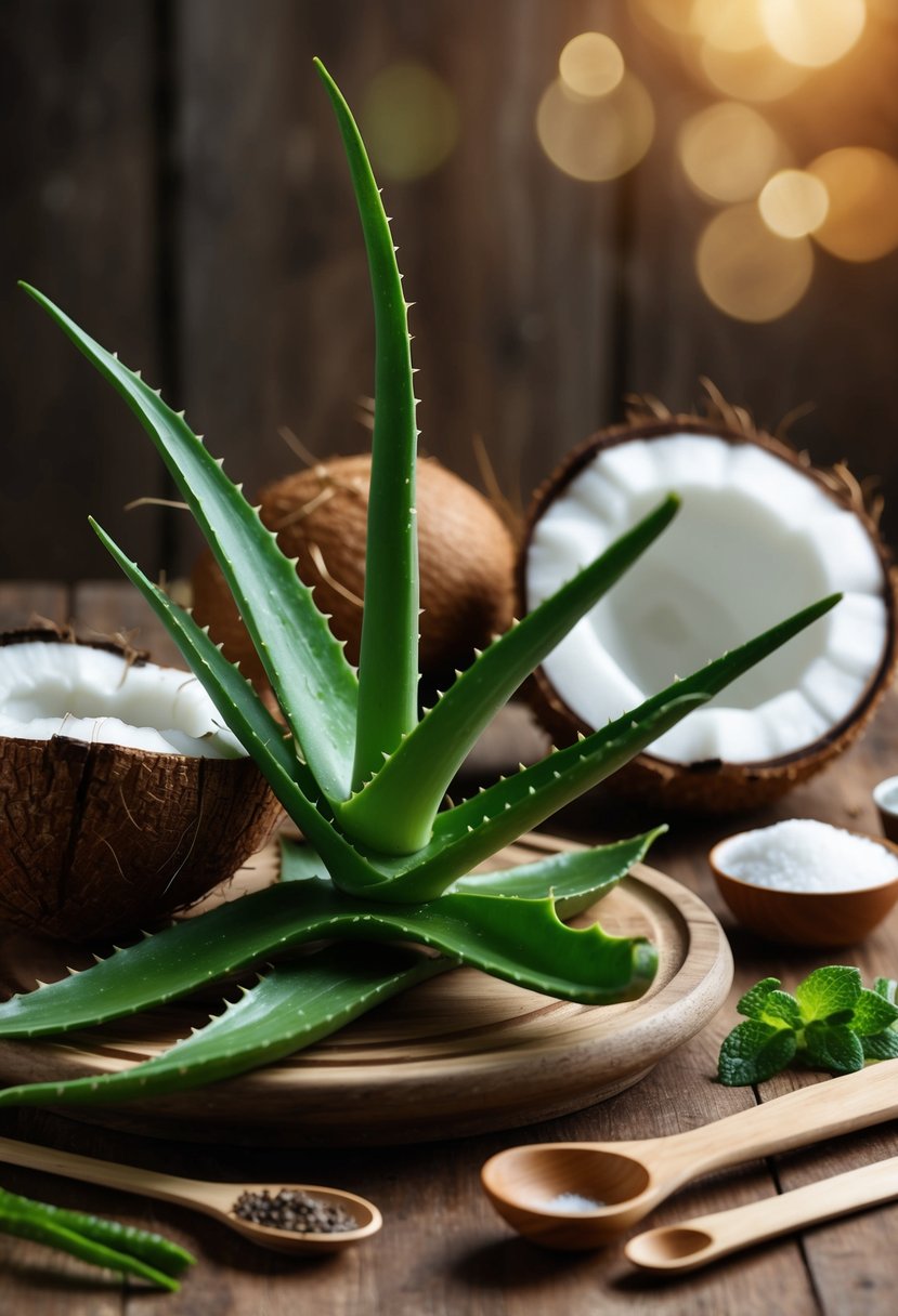 Aloe vera leaves and coconuts on a wooden table, surrounded by various ingredients and utensils for making homemade shampoo