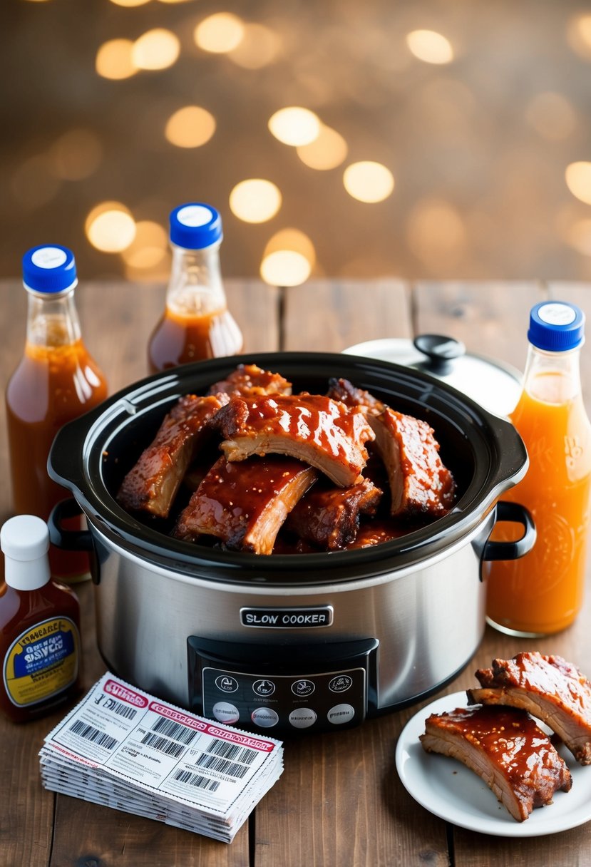 A slow cooker filled with succulent BBQ ribs, surrounded by bottles of sweet and tangy sauce and a stack of money-saving coupons