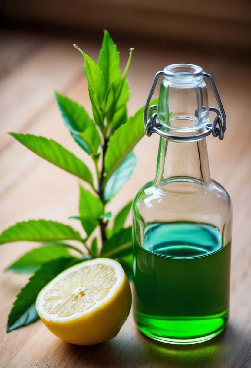 A glass bottle filled with green liquid sits next to a sliced lemon and a sprig of fresh green tea leaves on a wooden countertop