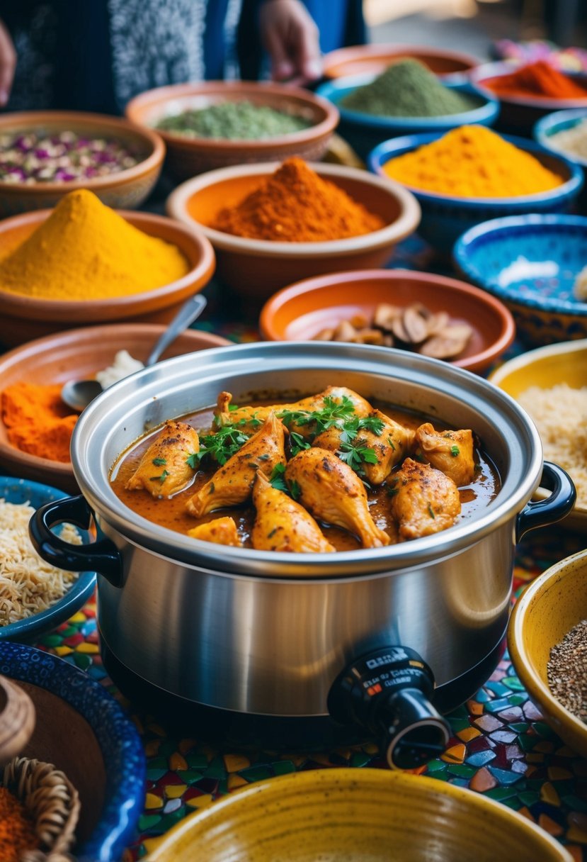 A colorful Moroccan market with spices, pottery, and a slow cooker filled with fragrant chicken tagine