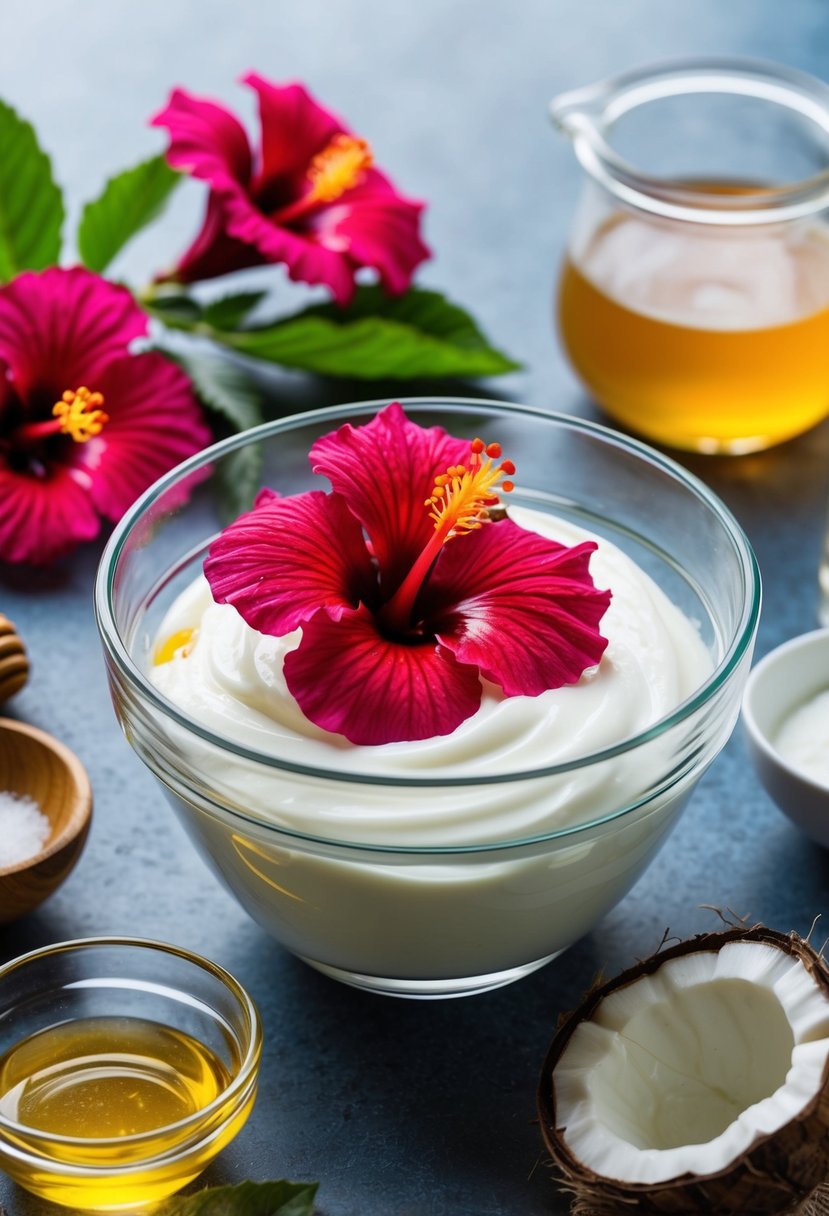 A vibrant hibiscus flower is being blended with creamy yogurt in a glass bowl, surrounded by fresh ingredients like honey and coconut oil