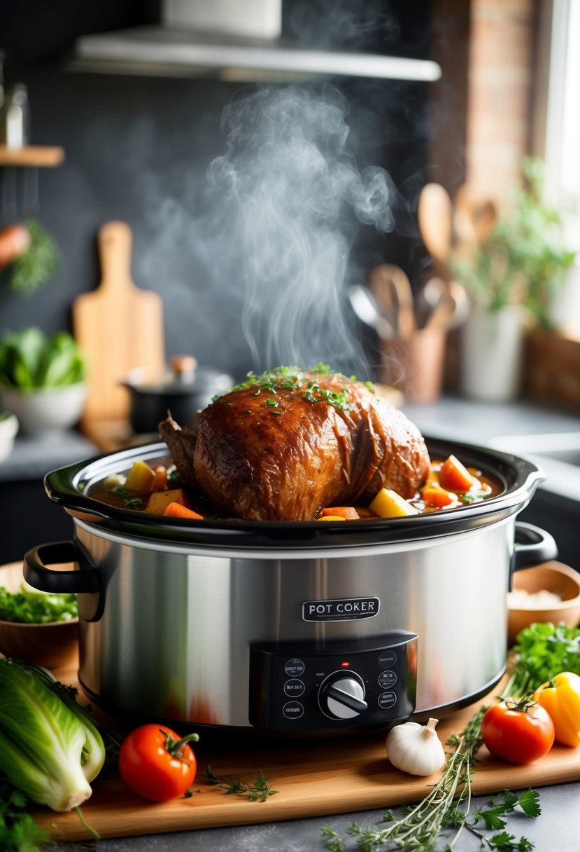 A hearty pot roast bubbling in a slow cooker, surrounded by fresh vegetables and aromatic herbs, filling the kitchen with savory aromas