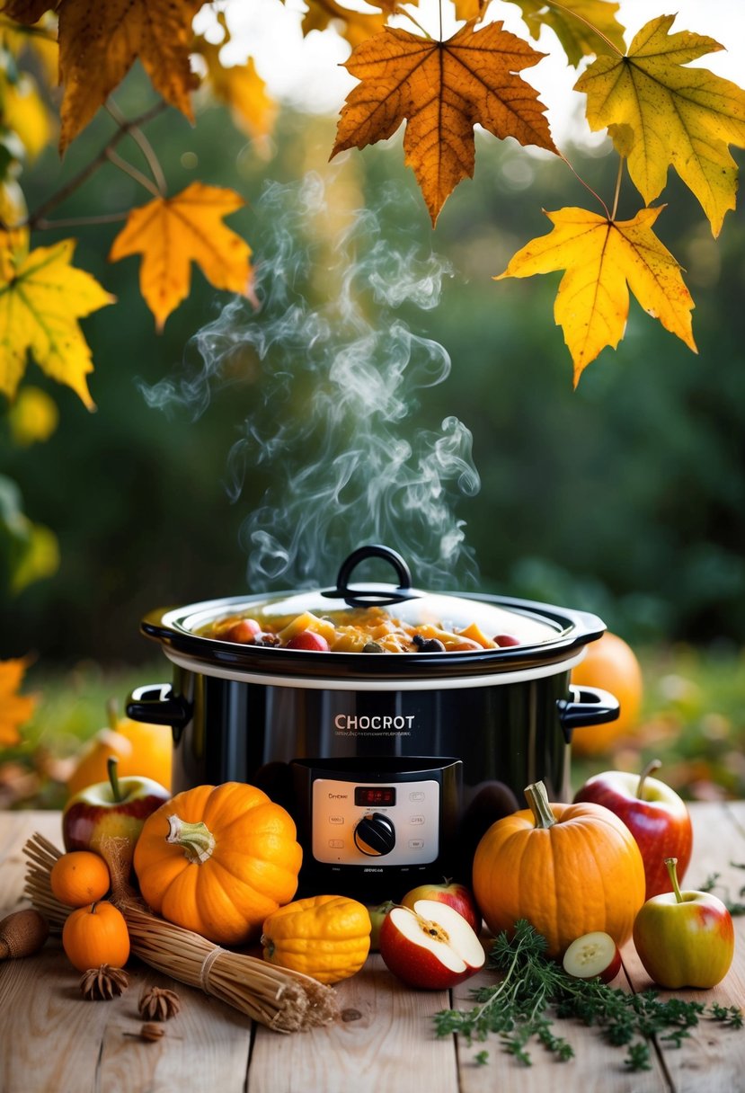 A steaming crockpot surrounded by autumn leaves and seasonal ingredients like squash, apples, and herbs