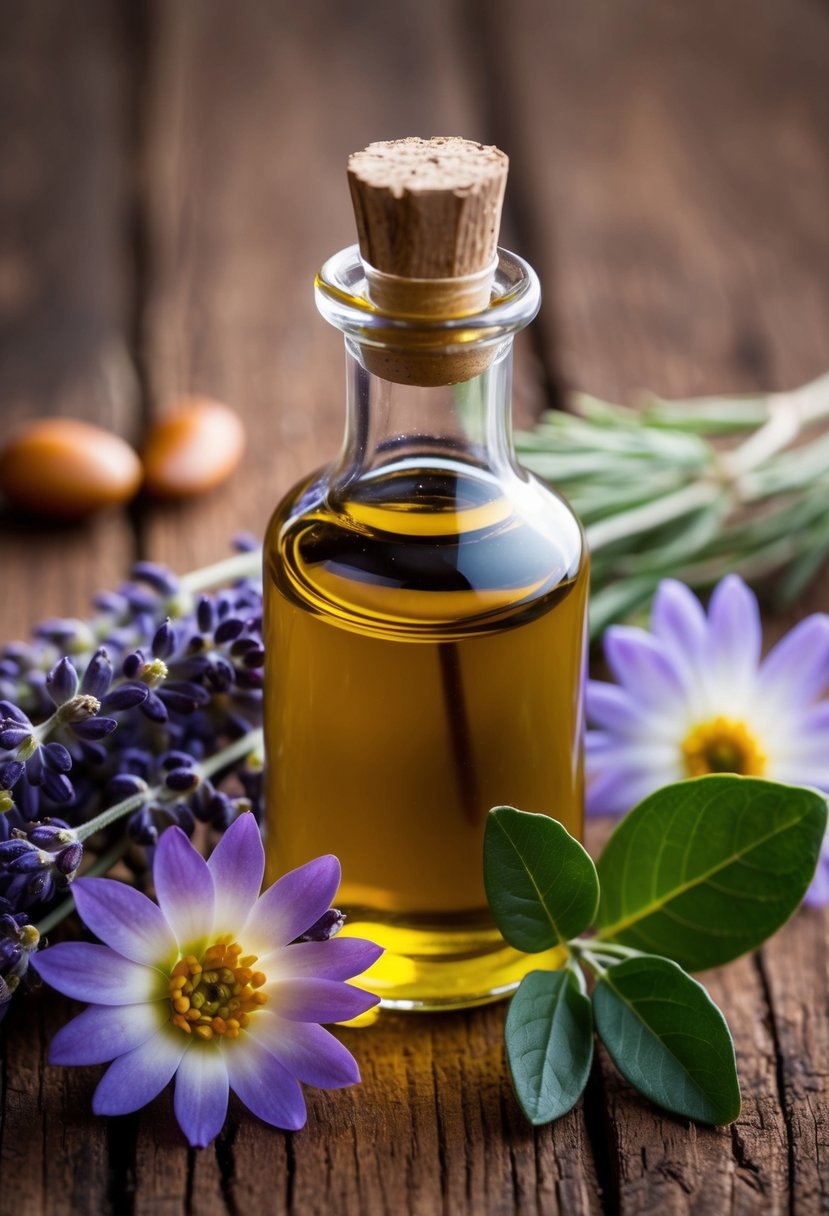 A glass bottle filled with argan oil and lavender, surrounded by fresh lavender flowers and a sprig of argan tree leaves