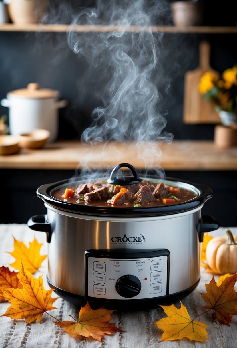 A steaming crockpot filled with hearty beef stew surrounded by autumn leaves and a cozy kitchen backdrop