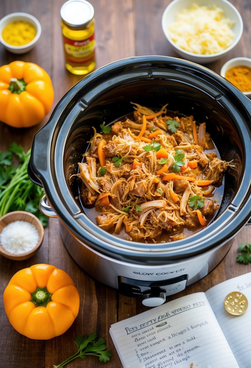 A slow cooker filled with zesty pulled pork surrounded by ingredients and a passionate penny pincher's recipe notes