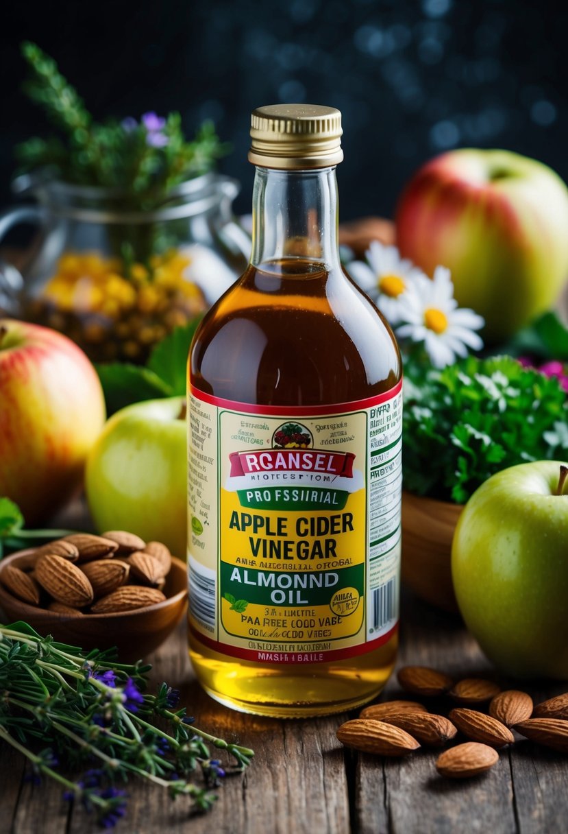 A bottle of apple cider vinegar and almond oil surrounded by fresh ingredients like apples and almonds, with a mix of herbs and flowers in the background