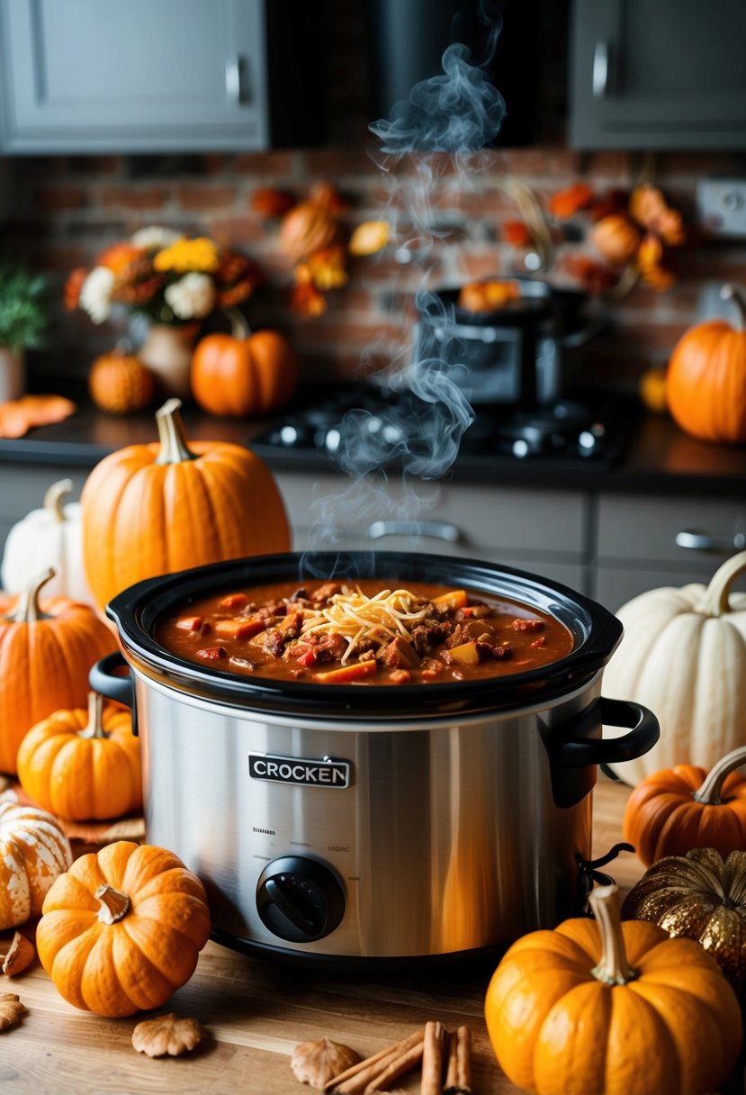 A cozy kitchen with a steaming crockpot filled with pumpkin chili, surrounded by fall-themed decorations