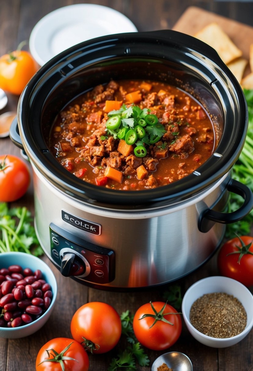 A slow cooker simmering with classic chili con carne, surrounded by vibrant ingredients like tomatoes, beans, and spices