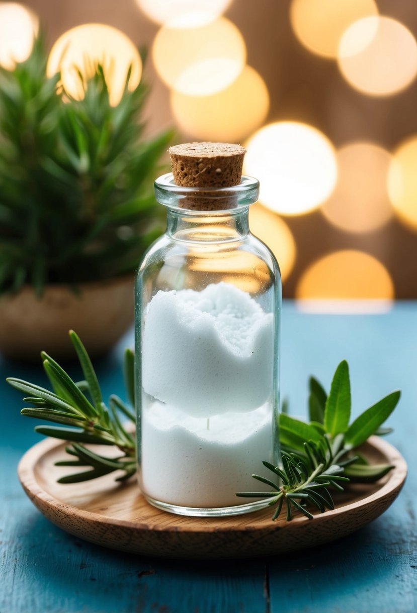 A clear glass bottle filled with baking soda and tea tree oil mixture, surrounded by fresh tea tree leaves and a sprig of rosemary