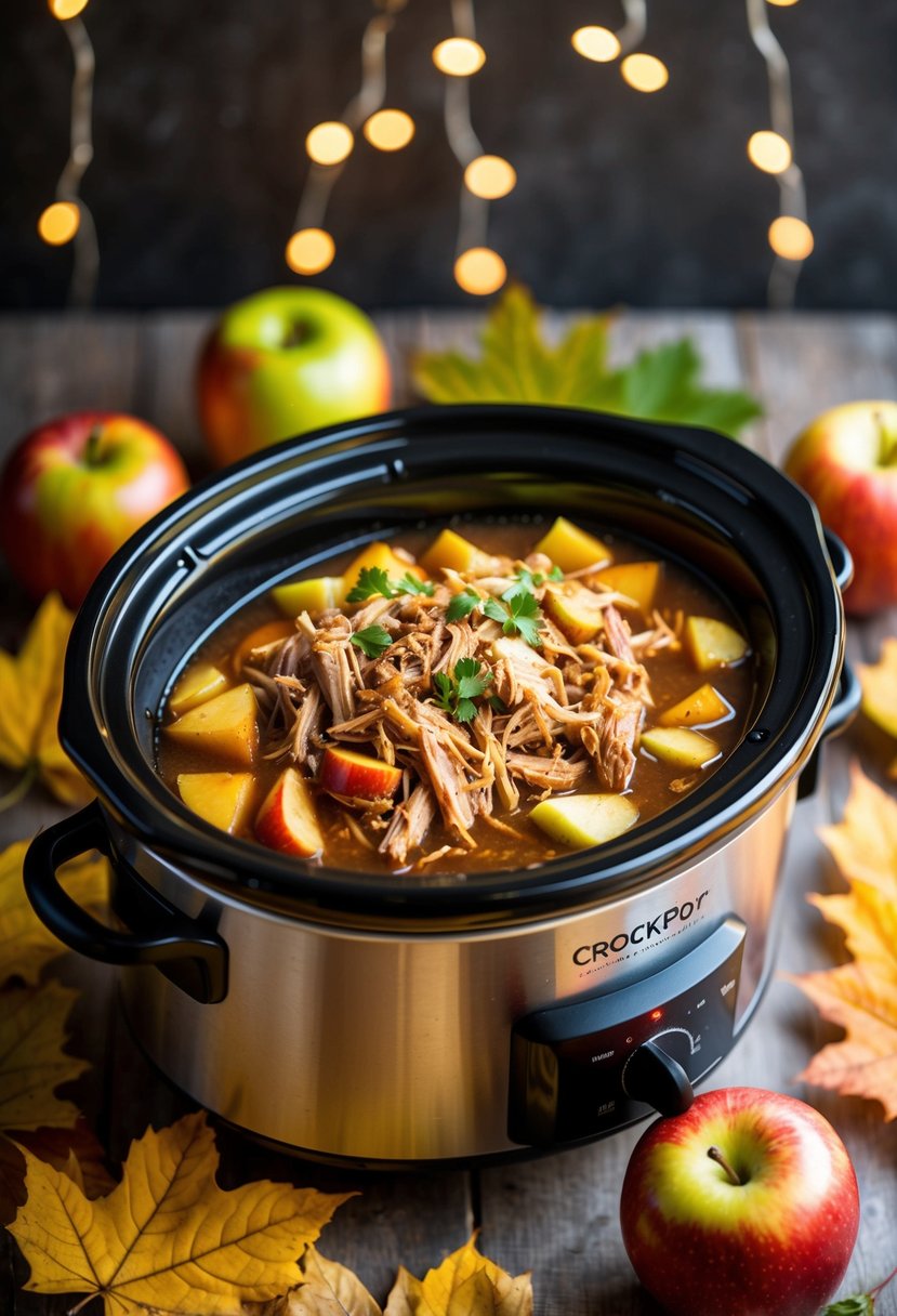 A crockpot filled with apple cider pulled pork surrounded by autumn leaves and apples