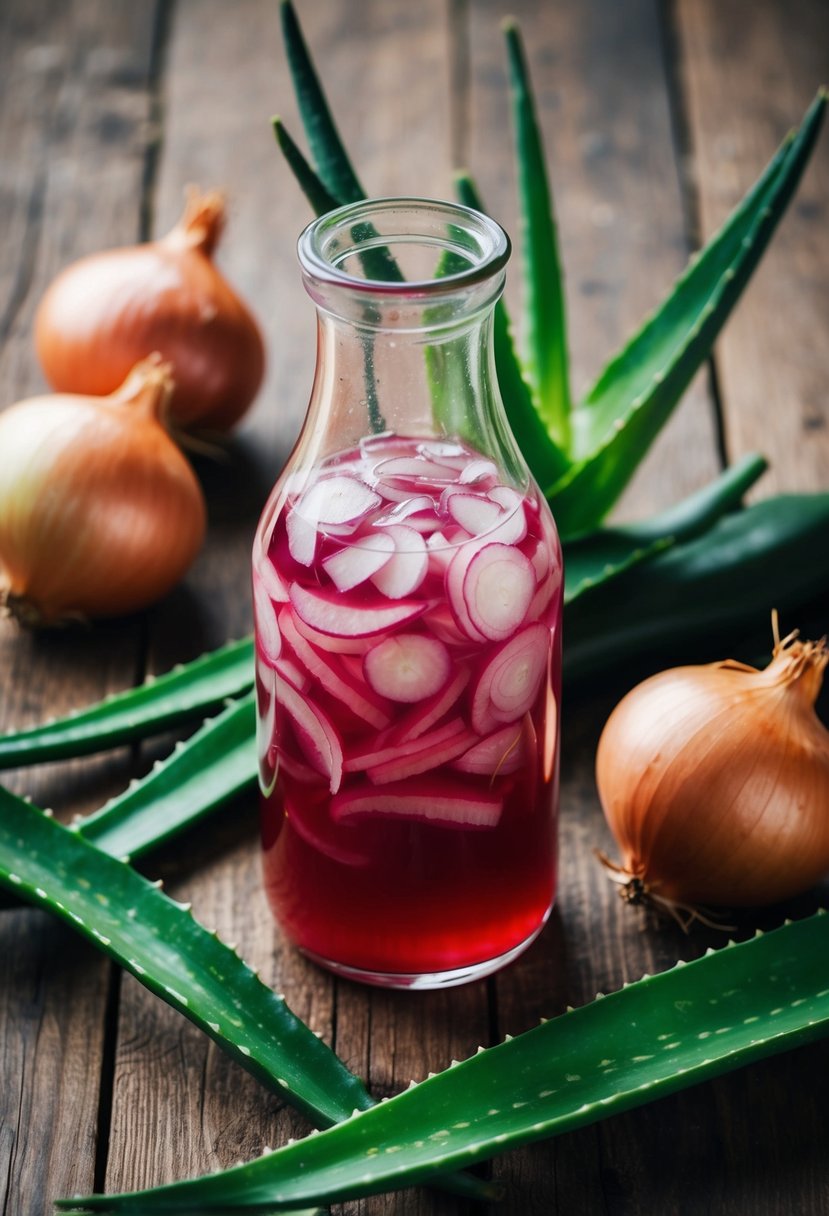 A clear glass bottle filled with onion juice and aloe vera gel, surrounded by fresh onions and aloe vera leaves on a wooden table