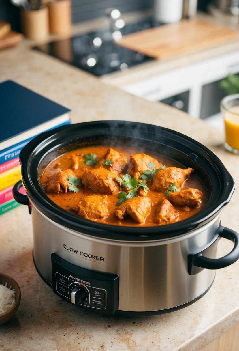 A slow cooker filled with aromatic Chicken Tikka Masala simmering on a kitchen counter. A stack of recipe books nearby