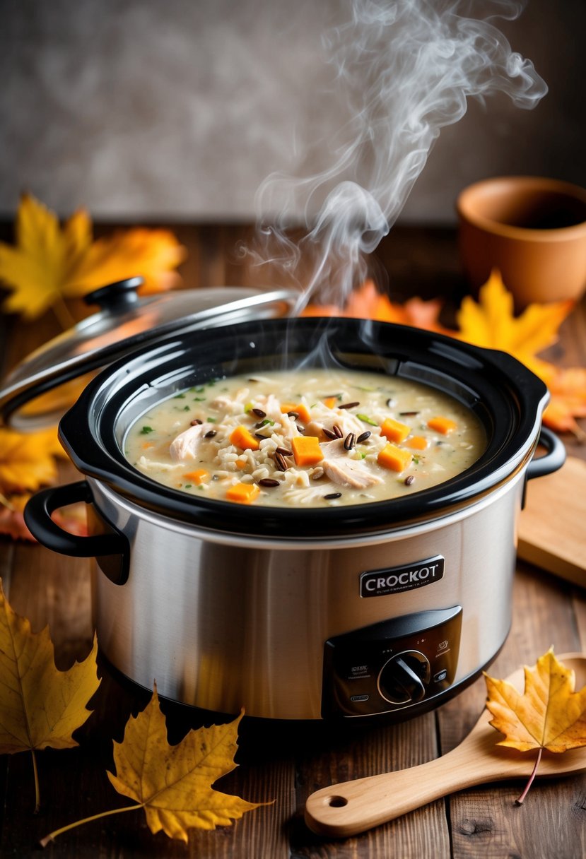 A steaming crockpot filled with creamy chicken and wild rice soup surrounded by autumn leaves and a cozy kitchen backdrop