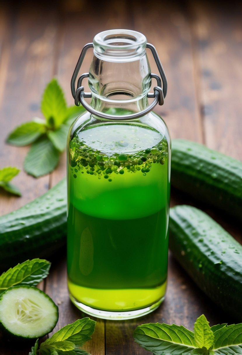 A clear glass bottle filled with green liquid, surrounded by fresh cucumbers and mint leaves