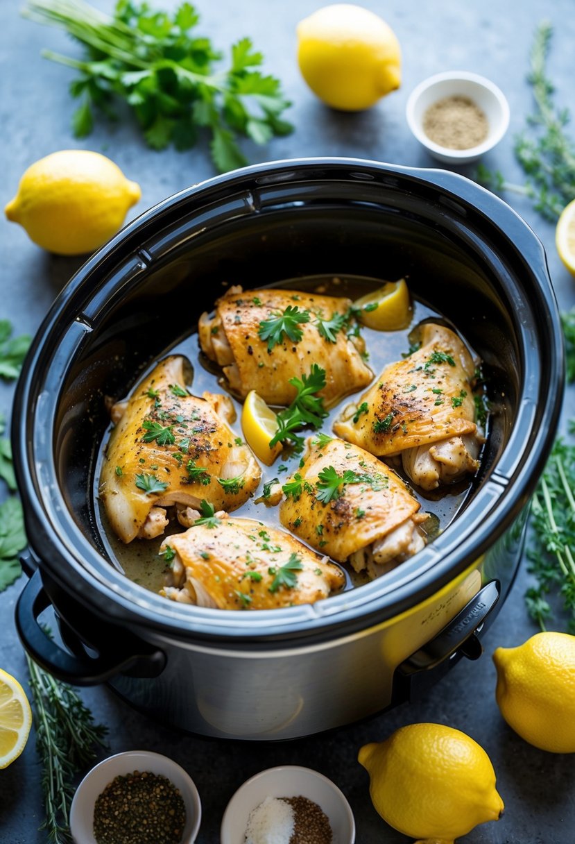 A slow cooker filled with luscious lemon garlic chicken, surrounded by fresh herbs and spices