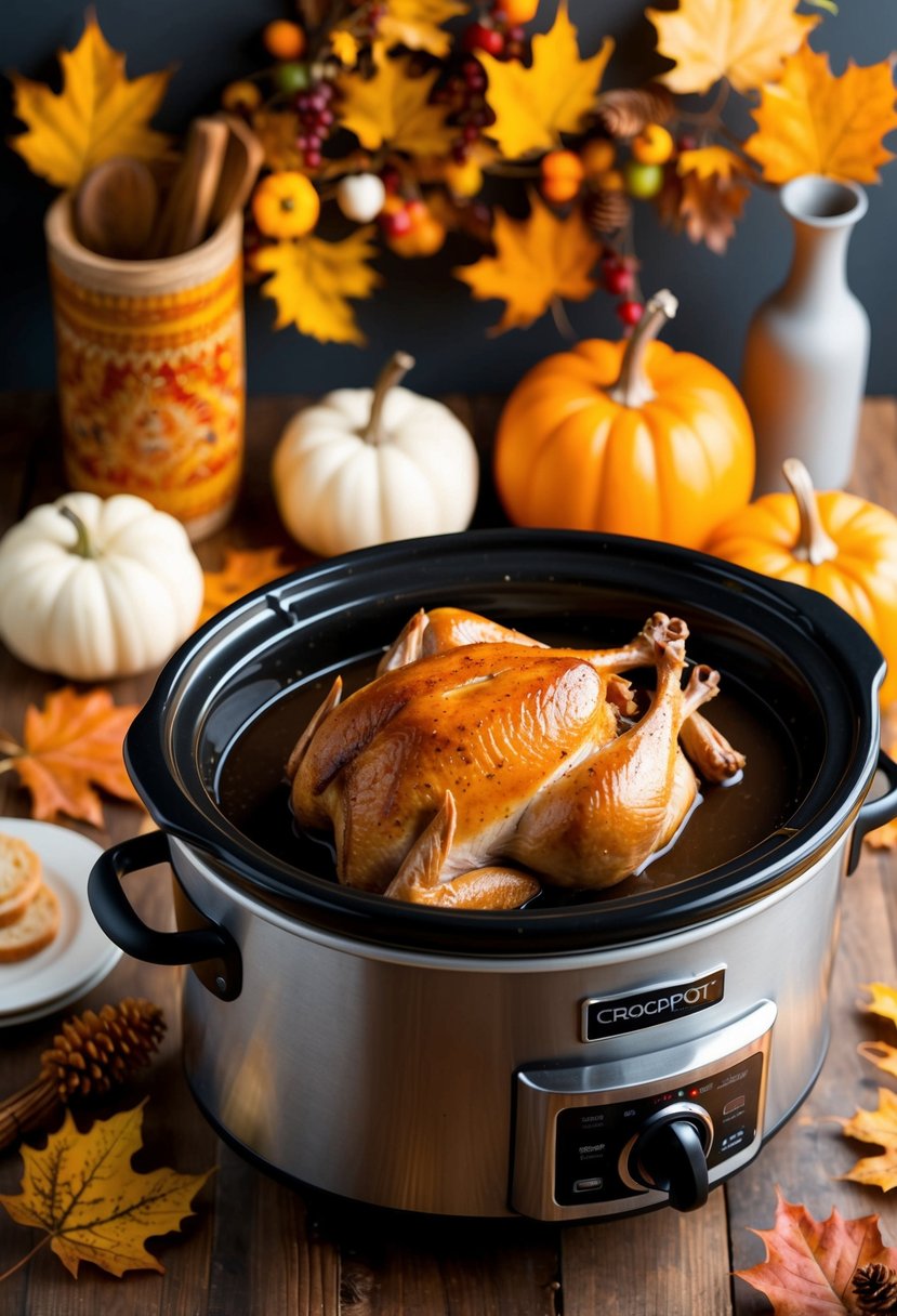 A crockpot simmering with maple glazed turkey breast surrounded by fall foliage and autumn decorations