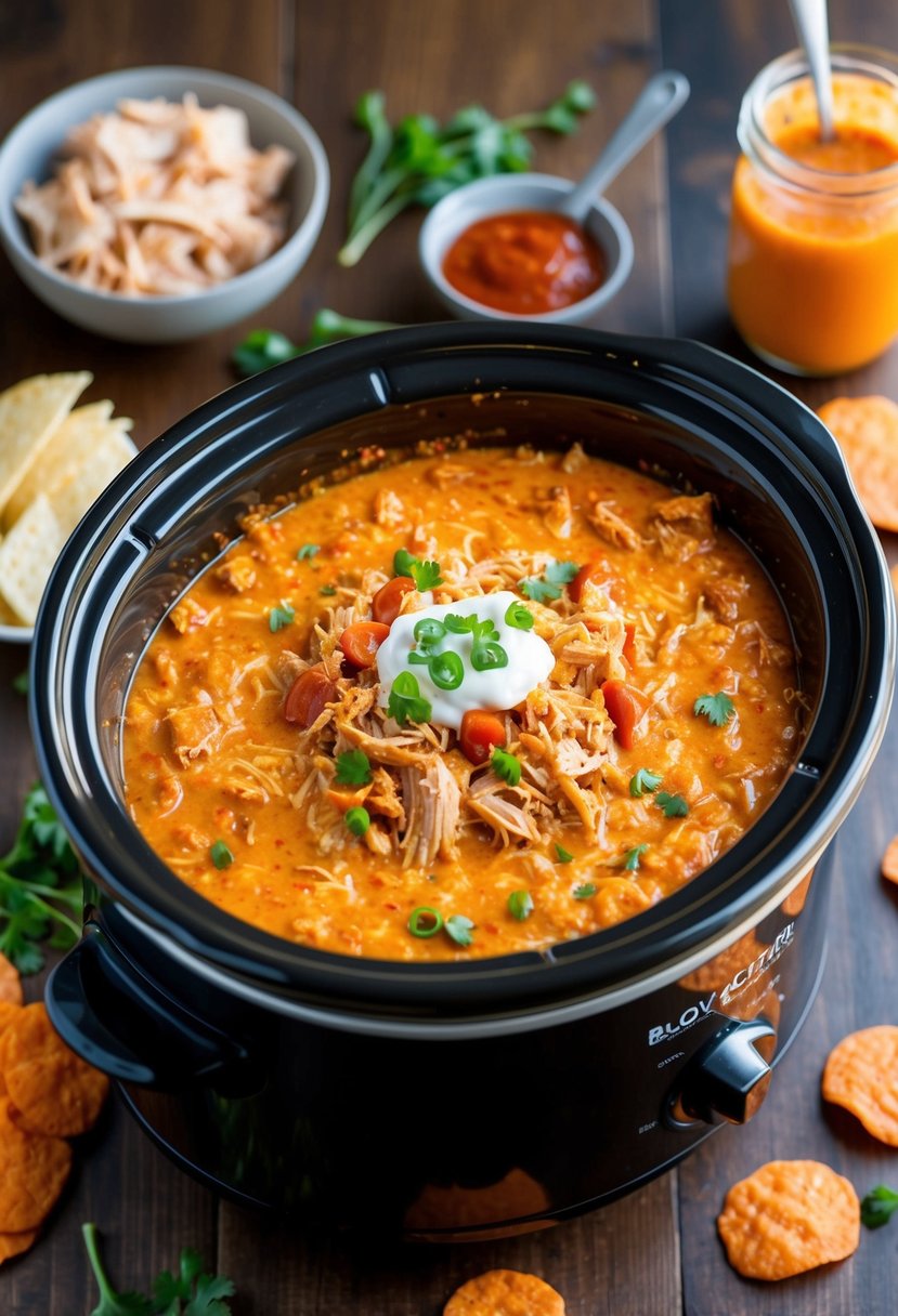 A slow cooker filled with bubbling spicy buffalo chicken dip surrounded by scattered ingredients like shredded chicken, hot sauce, and melted cheese