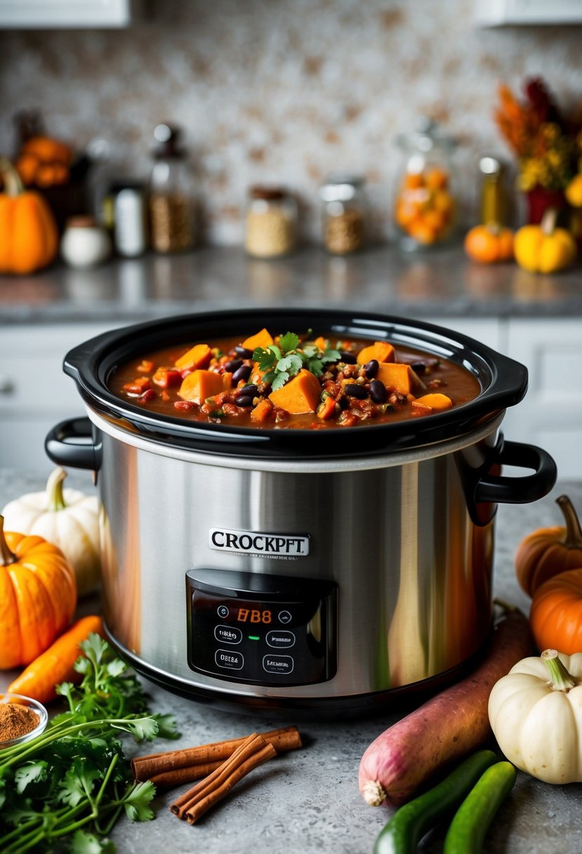 A crockpot filled with sweet potato and black bean chili simmers on a kitchen counter, surrounded by colorful fall vegetables and spices