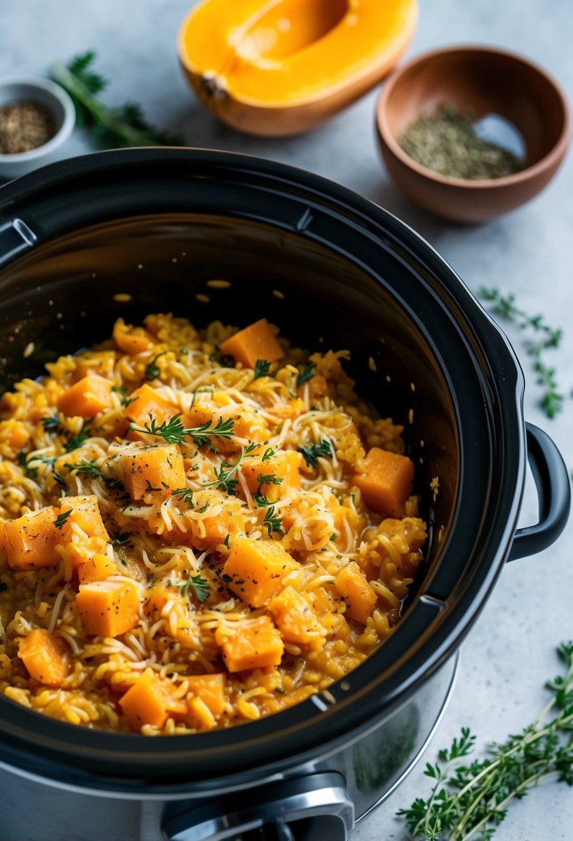 A crockpot filled with creamy butternut squash risotto simmering with aromatic herbs and spices