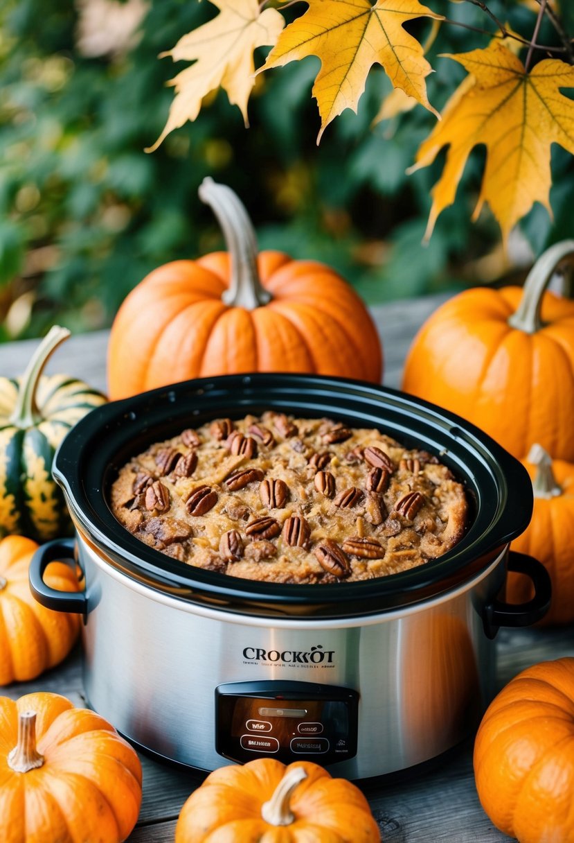 A crockpot filled with pecan pie bread pudding, surrounded by autumn leaves and pumpkins