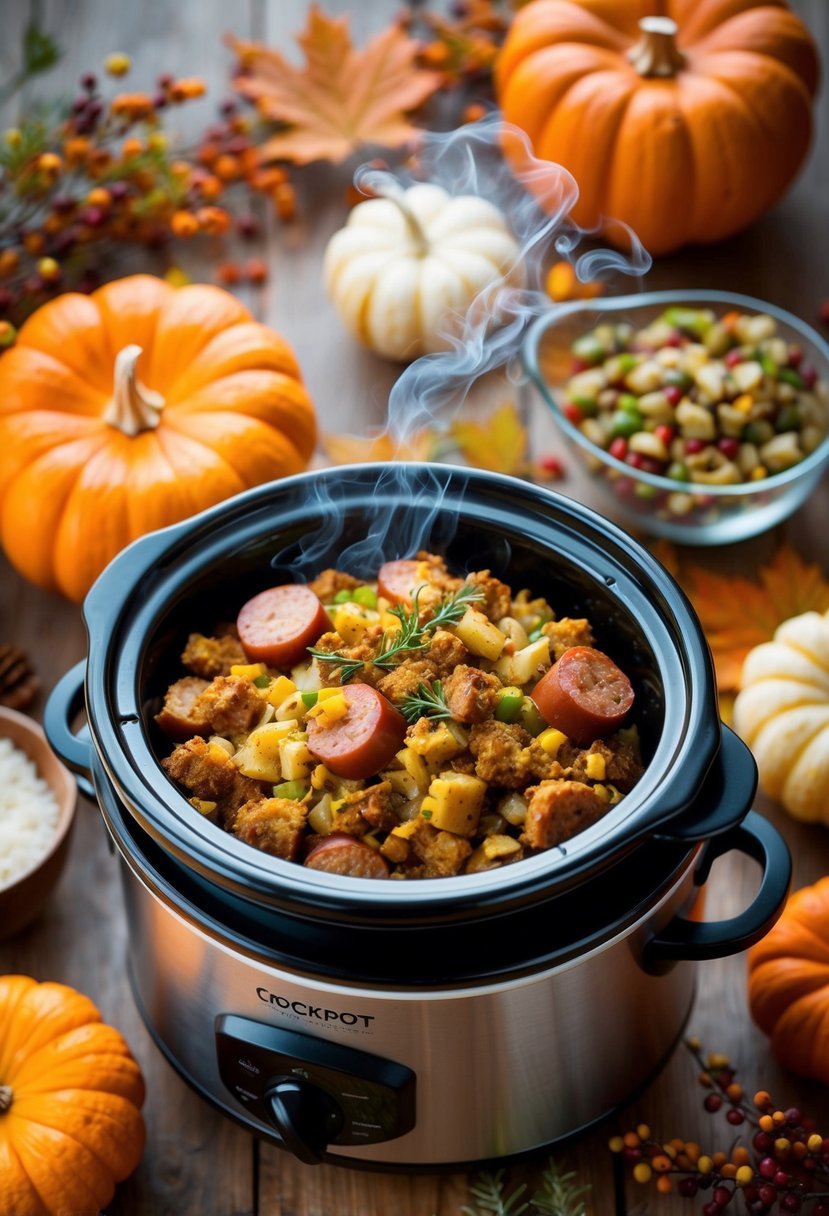 A crockpot filled with savory stuffing and sausage, steaming and aromatic, surrounded by fall foliage and seasonal ingredients