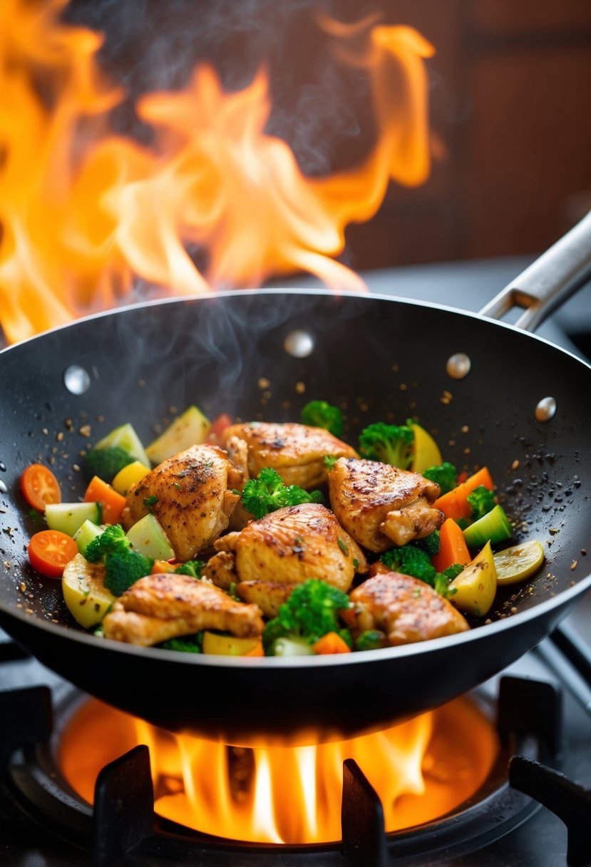 Sizzling chicken, colorful vegetables, and aromatic spices cooking in a wok over a high flame