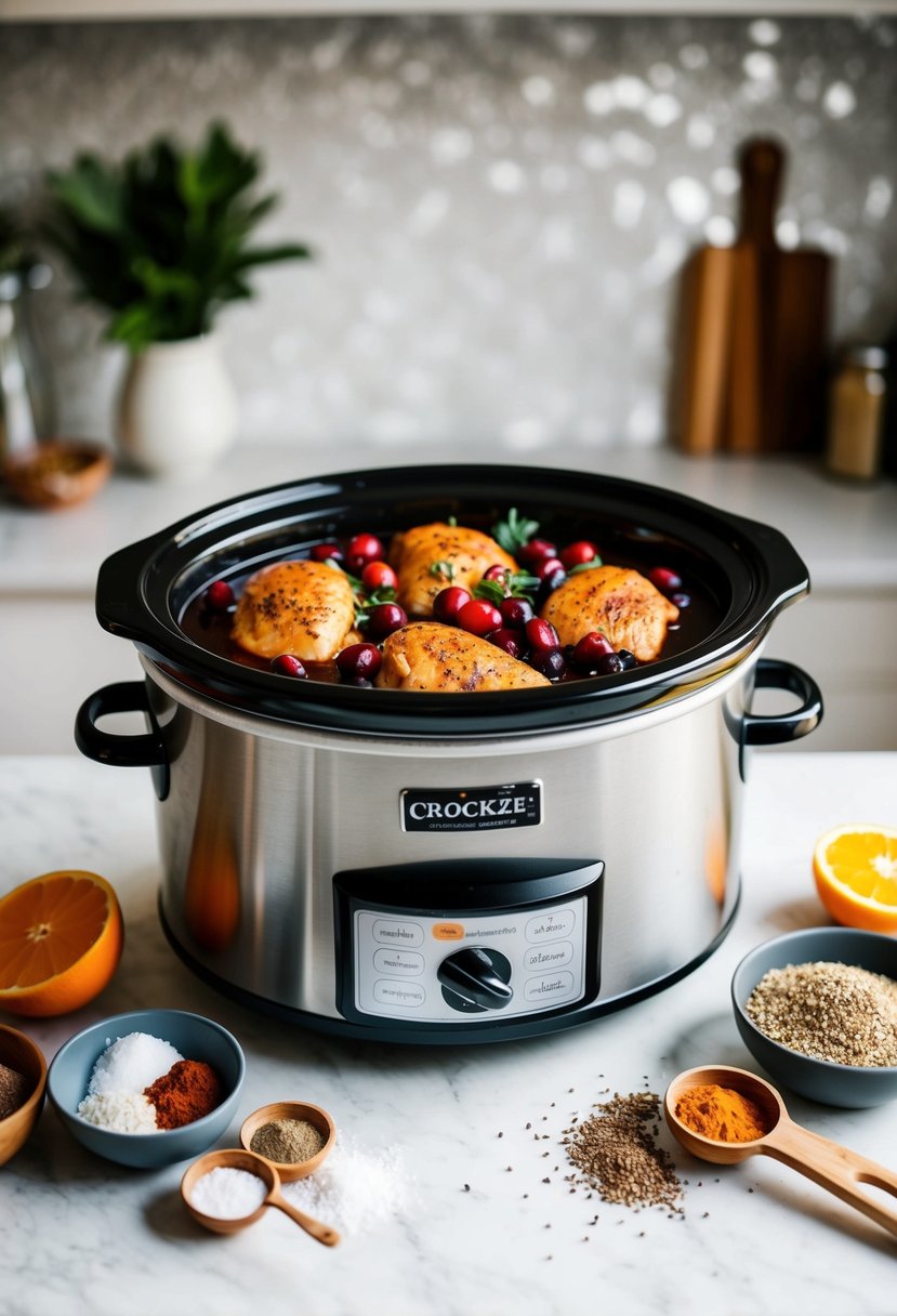 A crockpot filled with cranberry orange chicken surrounded by various ingredients and spices on a kitchen counter