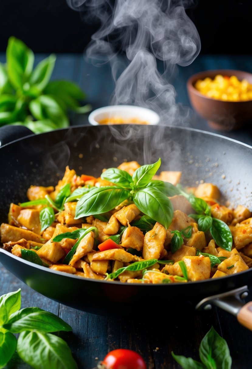 A sizzling wok of Thai basil chicken stir-fry with vibrant colors and aromatic steam rising