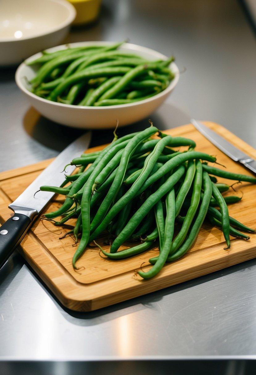 A pile of fresh long beans, a cutting board, and a chef's knife on a kitchen countertop