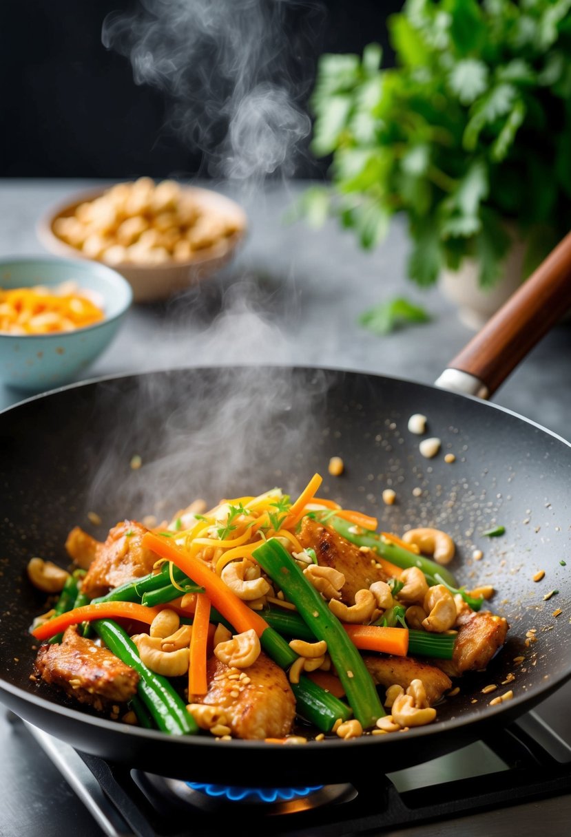 A sizzling wok with chicken, cashews, and colorful vegetables stir-frying in a fragrant Thai sauce