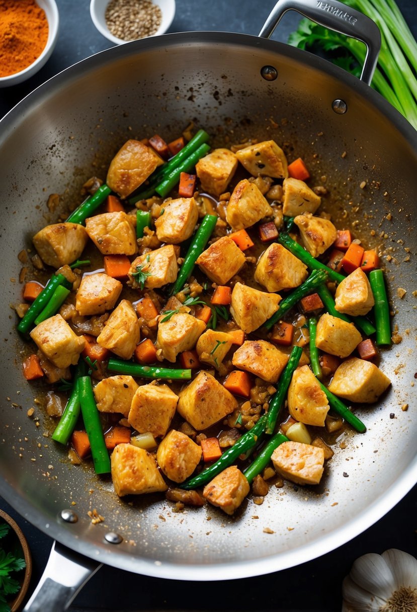 A sizzling wok filled with chunks of garlic-infused chicken, surrounded by vibrant vegetables and aromatic spices