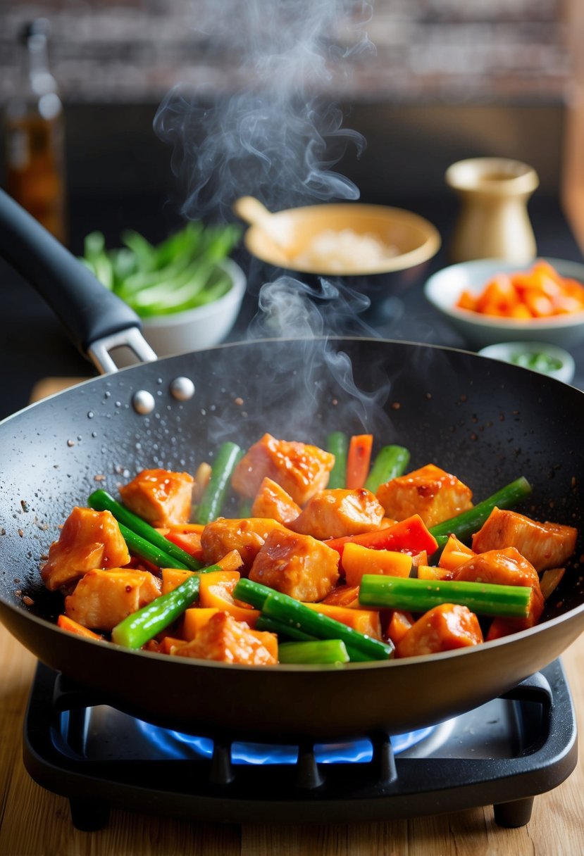 A sizzling wok filled with colorful vegetables and chunks of tender, glazed chicken, emitting the aroma of sweet chili sauce