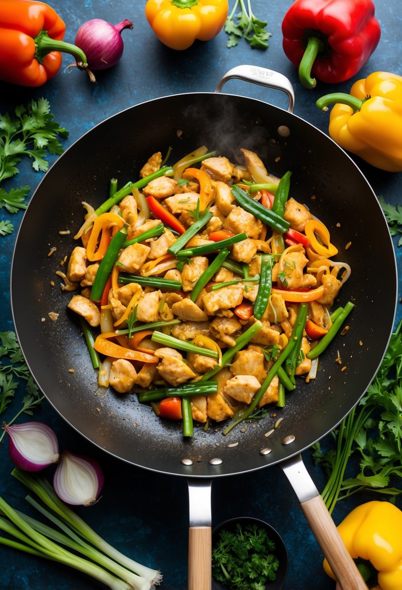 A sizzling wok filled with Lemongrass Chicken Stir Fry, surrounded by colorful Thai ingredients like bell peppers, onions, and fresh herbs