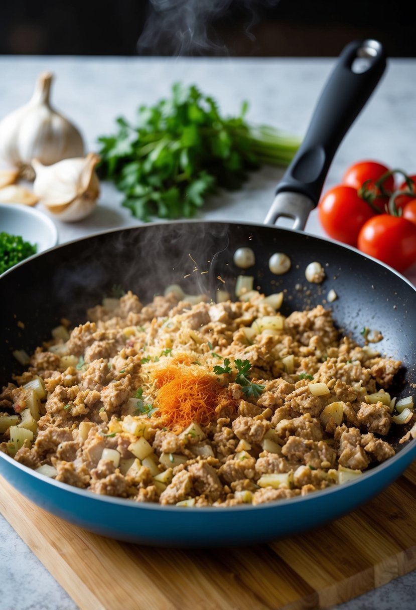 A skillet sizzles as ground turkey browns with onions, garlic, and spices. Fresh herbs and diced tomatoes wait nearby