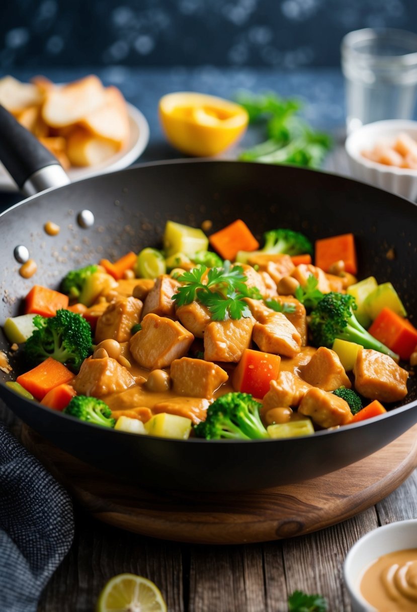 A sizzling wok filled with colorful vegetables, tender chunks of chicken, and a rich, creamy peanut sauce