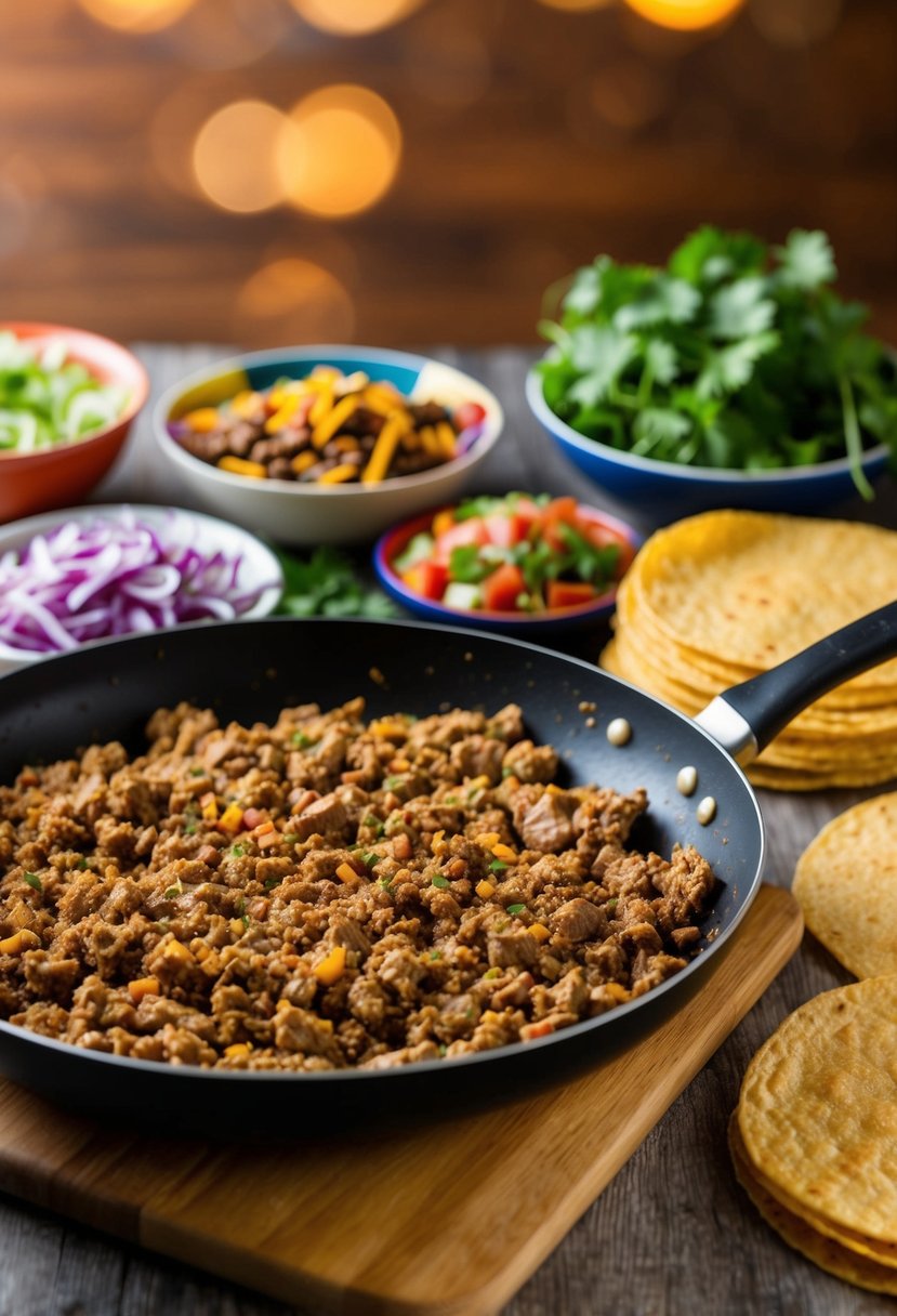 A sizzling pan of ground turkey, surrounded by colorful taco toppings and warm tortillas