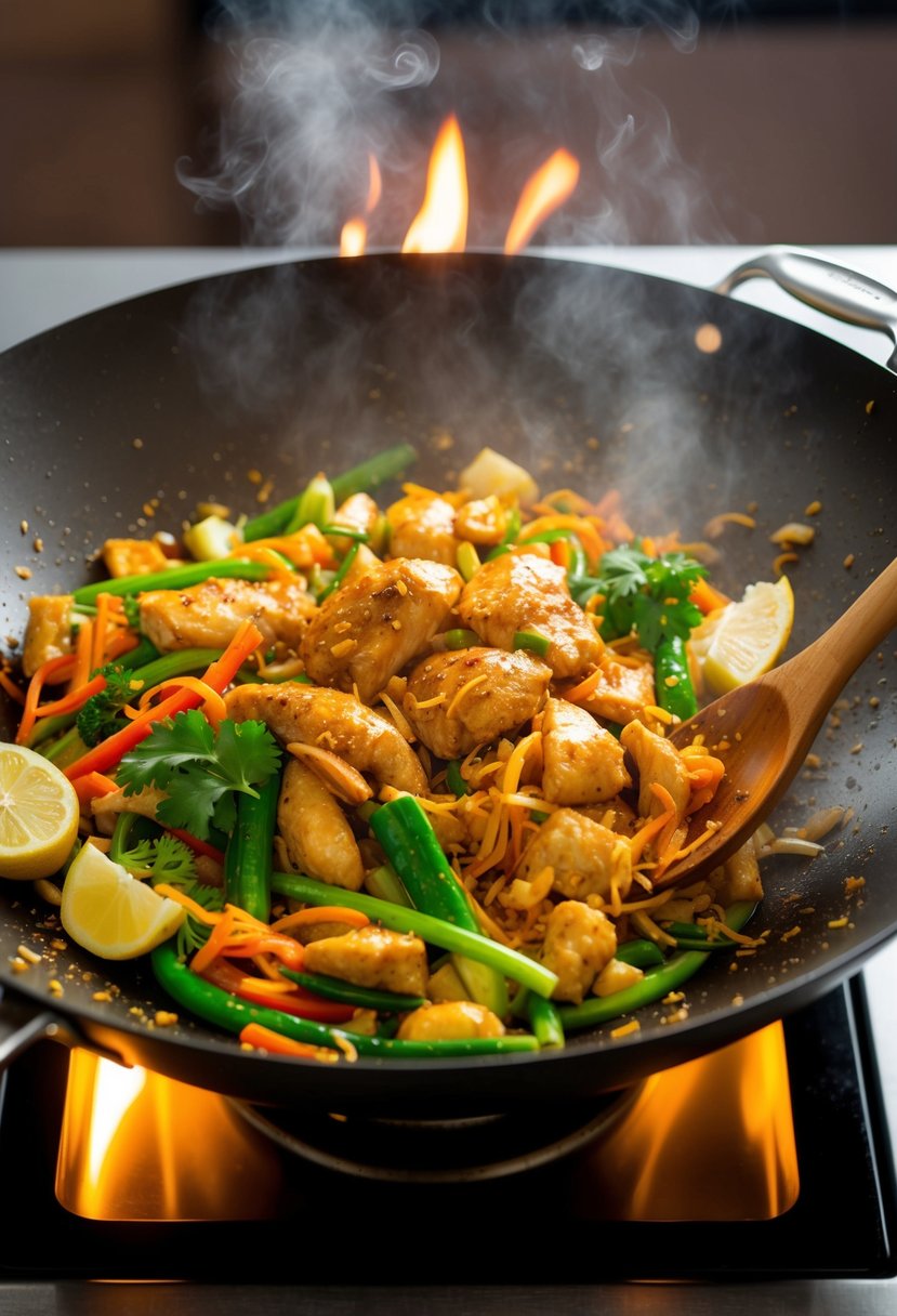 A sizzling wok with ginger chicken, vegetables, and aromatic Thai spices being stir-fried over a high flame