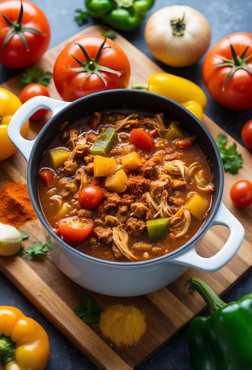 A pot of simmering turkey chili surrounded by fresh tomatoes, bell peppers, and chili powder on a wooden cutting board