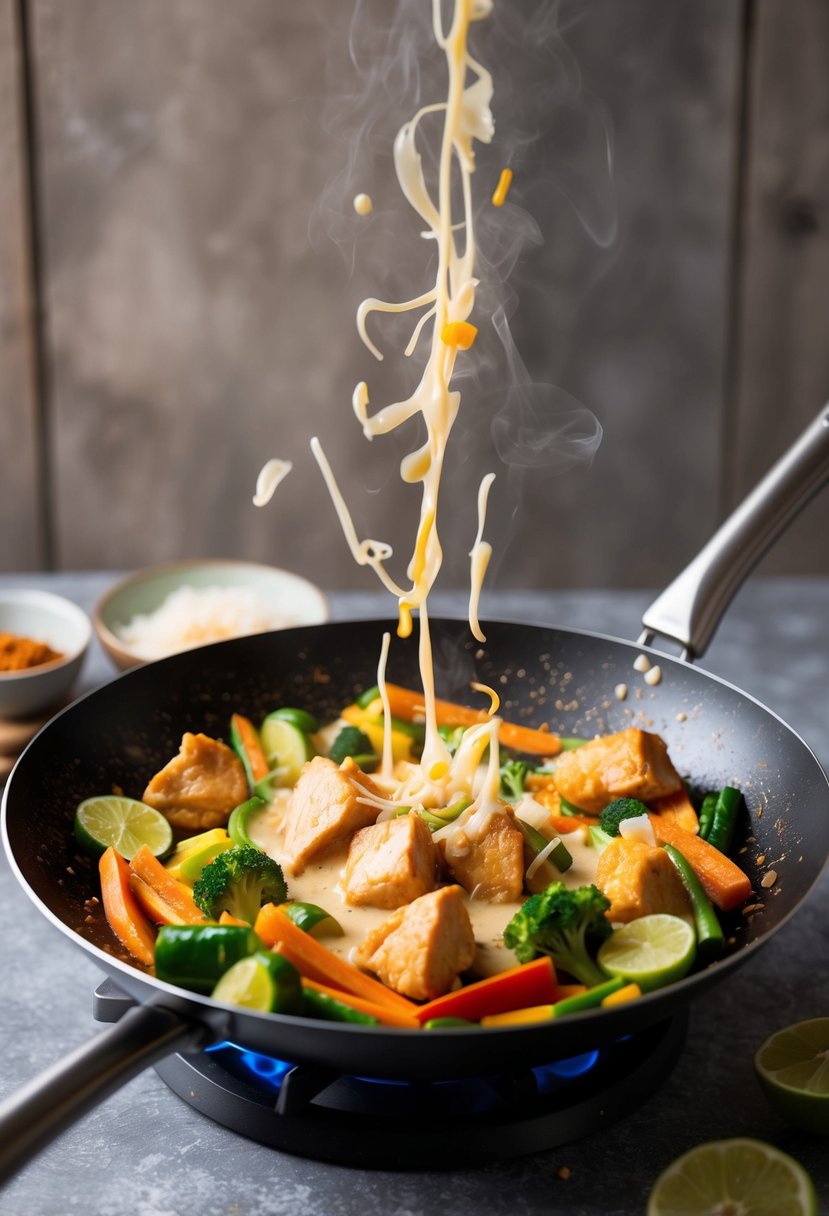 A sizzling wok filled with colorful vegetables, tender chunks of chicken, and a creamy coconut sauce, emitting fragrant Thai spices